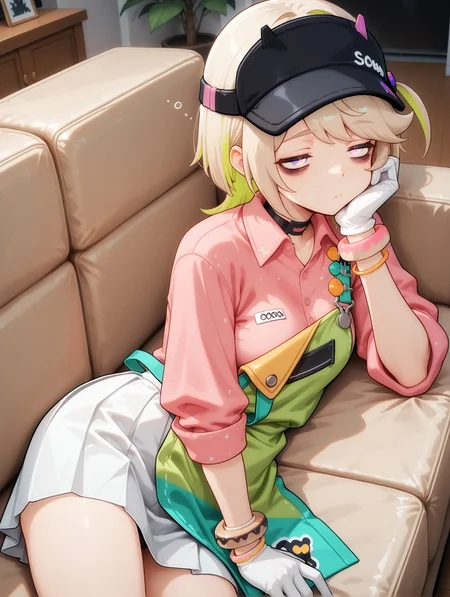 masterpiece, best quality, perfect hands, amazing quality, solo, 22 years old, imtdcozzz, 1girl, multicolored hair, shirt, pink shirt, two-tone hair, colored inner hair, green hair, blonde hair, apron, collared shirt, choker, multicolored eyes, gloves, black headwear, skirt, hat, bracelet, white gloves, visor cap, white skirt, bangs, dark bags, baggy eyes, tired eyes, dark circles under the eyes, indoor, living room, lying on the couch, on side, bored, sleepy, serious, head rest, leaning on one hand, elbow rest, black panties, tired
