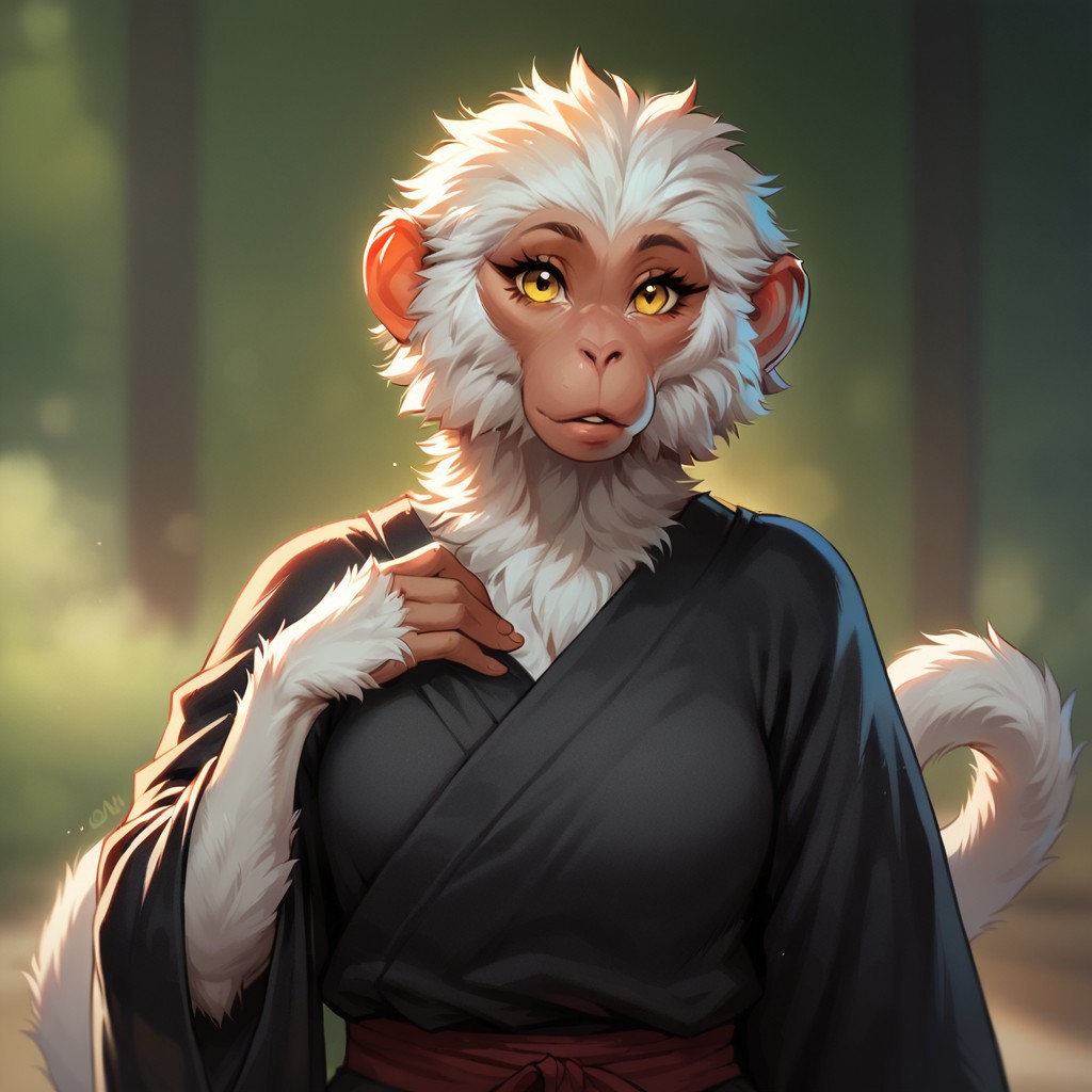 (((detailed, beautiful, high quality))), score_9, score_8_up, score_7_up, upper body,
hadozee, furry monkey, tail,
1girl, yellow eyes, dark skin, white fur, dark kimono,
looking at the viewer, posing, blurred background, blurred fantasy background,