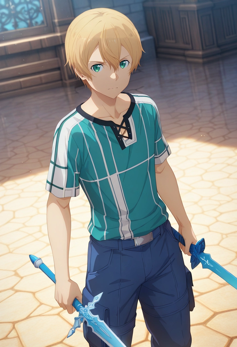 masterpiece, best quality, intricate details, (3d:0.4), , 1boy, solo, male focus, <lora:eugeo_sao_ilxl:0.9>, eugeo_sao, blonde hair, green eyes, bangs, hair between eyes, short hair, holding sword, , Cargo jogger pants, Striped shirt, , ,