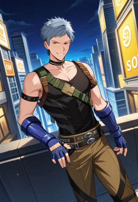 1boy, male focus,
<lora:Character - Helios Rising Heroes - Asch AlbrightIllust:1> aschalbright, blue hair, orange eyes
. zPDXL, best quality, great aesthetic, absurdres, year2023, uncensored, score_9,
outdoor, city, black tank top, fingerless gloves, blue gloves, belt, brown pants, belt, standing, night, belts, smirk,
