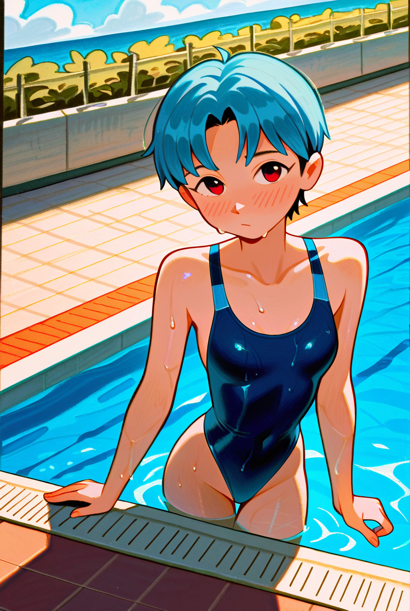 frdbns, masterpiece, amazing quality, best quality,  aesthetic, traditional media, dutch angle, from above, wide angle, 1girl, rising out of pool, pool, outdoors, blue skies, wet, waterdroplets, Rei Ayanami, Evangelion, short blue hair, red eyes, small breasts, single-piece swimsuit, blue leotard, slight blush, looking at viewer, warm lighting, 