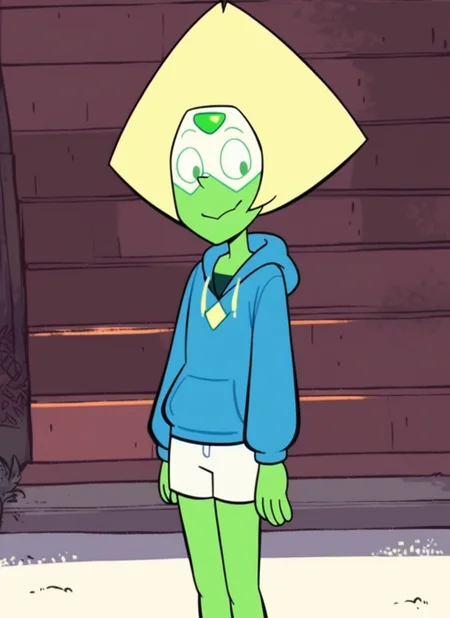 score_9, score_8_up, score_7_up, highly detailed, peridot, flat chest, blue hoodie, white shorts, smile, rating_questionable, source_anime, sustl, BREAK best quality, masterpiece, cartoon, e621, digital_art <lora:Stevenuniverse-style-pdxl-4:1.0>