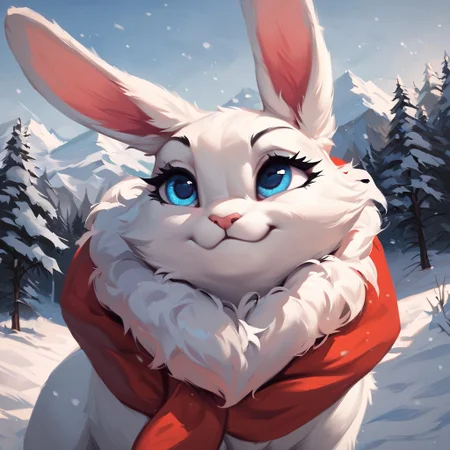 score_9, score_8, score_7, (masterpiece), best quality, expressive eyes, perfect face, fl00ffymadn3ss, (bunny, feral bunny), white fur, light_blue eyes, female, (snow, blizzard),