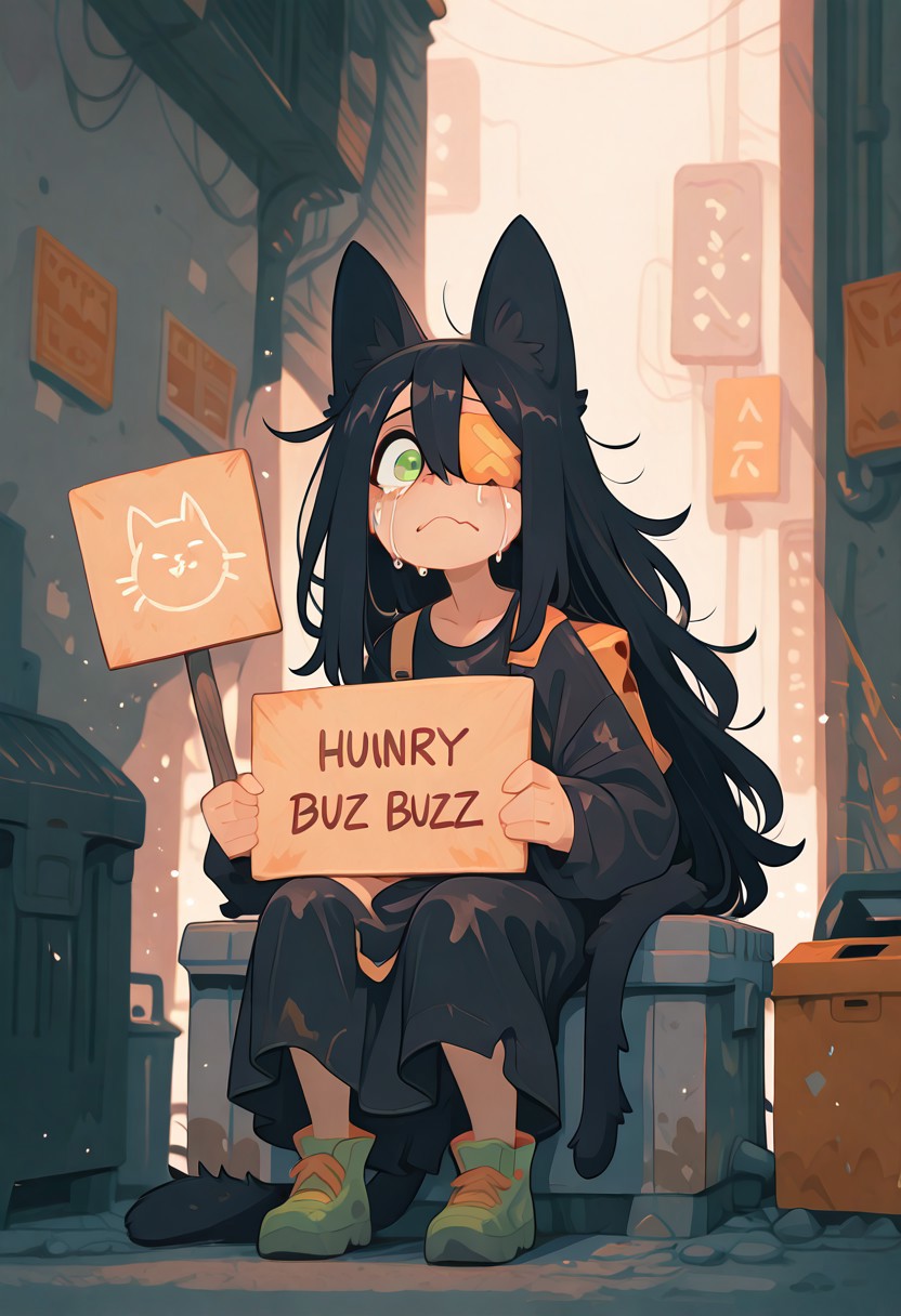 Woman. Demihuman dog. Black messy long hair. Green eyes. Eyepatch over left eye. Cat ears and tail. Dirty. Alleway background. Crying. Sitting in a dumpster. Old clothes. Alley background. (holding sign saying ("Hungry for BUZZ")