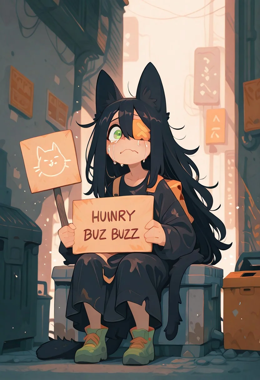 Woman. Demihuman dog. Black messy long hair. Green eyes. Eyepatch over left eye. Cat ears and tail. Dirty. Alleway background. Crying. Sitting in a dumpster. Old clothes. Alley background. (holding sign saying ("Hungry for BUZZ")