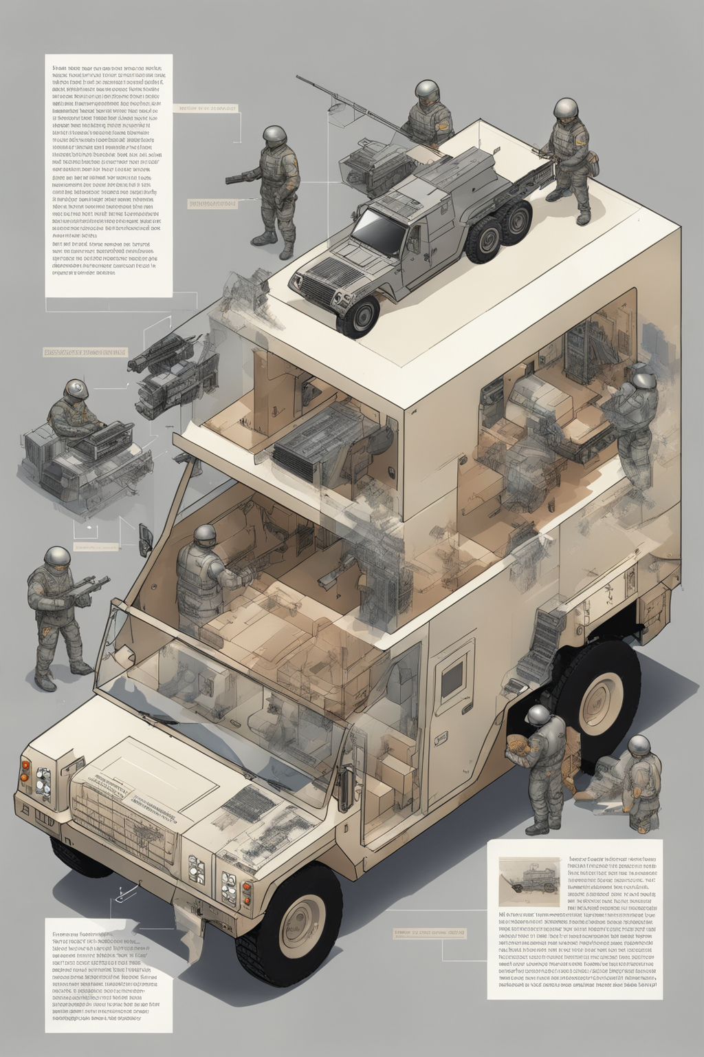 <lora:Isometric Cutaway:1>,Isometric Cutaway - An Image illustrating the instructions for the installation of armored vehicles. The background shows the armored vehicle installation scene, accompanied by illustrations or pictures that demonstrate the correct installation steps. The accompanying text instructions are presented in a clear and understandable manner, helping users to easily complete the installation of the armored vehicle.