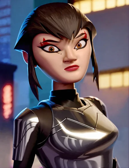 girl,kara1, black short hair, brown eyes, makeup, a mole under the eye, metallic armor, high quality, score_9, score_8_up, score_7_up, <lora:Karai:0.7>