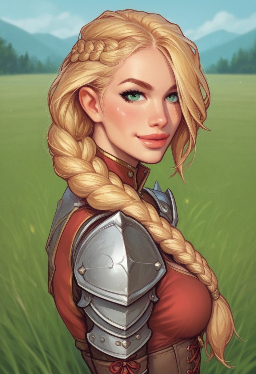 1girl, illustration, looking at viewer, highly detailed, from front,1girl, looking at viewer, highly detailed, skinny, looking at viewer, 1girl, masterpiece, best quality, full body portrait, 1girl, <lora:agrias-nvwls-v3:1> agrias, armor, corset, dark red dress, brown gloves, weapon, cross-laced boots, looking at viewer, sidelocks, braided ponytail, light green eyes, Romance, sci-fi, artificial intelligence, highly detailed
BREAK 
slight smile, looking at viewer, 
BREAK 
long hair, blonde hair, hair over one eye, big hair, 
BREAK 
best quality, depth of field, bokeh, (((full clothed)))  (best quality, high detail), ((masterpiece)), <lora:1_ino_20e:1>
BREAK 
((((((field, mill)))))) score_9, score_8_up, score_7_up, score_6_up, source_cartoon, rating_explicit, Expressiveh, (((((upper body))))), dynamic pose