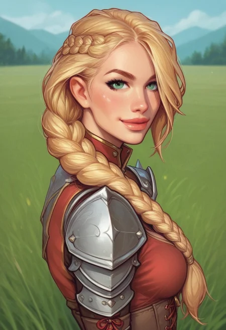 1girl, illustration, looking at viewer, highly detailed, from front,1girl, looking at viewer, highly detailed, skinny, looking at viewer, 1girl, masterpiece, best quality, full body portrait, 1girl, <lora:agrias-nvwls-v3:1> agrias, armor, corset, dark red dress, brown gloves, weapon, cross-laced boots, looking at viewer, sidelocks, braided ponytail, light green eyes, Romance, sci-fi, artificial intelligence, highly detailed
BREAK
slight smile, looking at viewer,
BREAK
long hair, blonde hair, hair over one eye, big hair,
BREAK
best quality, depth of field, bokeh, (((full clothed))) (best quality, high detail), ((masterpiece)), <lora:1_ino_20e:1>
BREAK
((((((field, mill)))))) score_9, score_8_up, score_7_up, score_6_up, source_cartoon, rating_explicit, Expressiveh, (((((upper body))))), dynamic pose