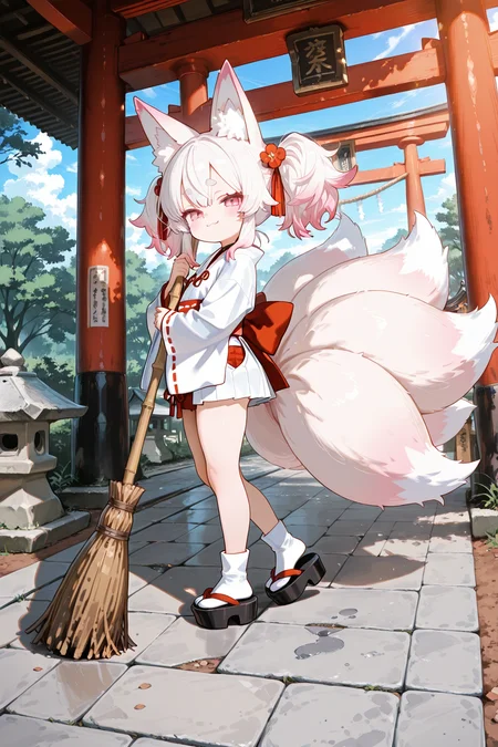 anime style.

((Side Shot)).

Inari cleaning path with broom.

1girl, monster girl, Inari, animal-ears, fox tail, multiple tails, white hair, twintails, detailed hair, pink eyes, detailed eyes:1.3, detailed face:1.2, smug, brat, white mini miko kimono, white mini skirt. tighthighs, cleaning path with broom.

BREAK

sky blue tone filter. japanese shrine(cool temperature, morning, tree, stone path, Torii)

embedding:lazympos, score_9, score_8_up, score_7_up, masterpiece, best quality, amazing quality, very aesthetic, high resolution, ultra-detailed:1.4, absurdres, newest,high dynamic range, vibrant, clear shadows and highlights, enhanced contrast,