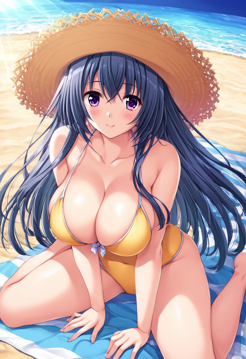 4k resolution, masterpiece, absurdes, highly detailed, highres, high quality, best quality, score_9_up, score_8_up, score_7_up, score_6_up, anime_source, source_anime, anime coloring, high resolution, detailed face, best quality, detailed eyes, High-resolution portrait, sharp detail, subtle blush, vivid eyes with subtle highlights, masterpiece, source_anime, anime style, cowboy shot, rare view, 
Break, 
1girl, Otowa Kanade, solo, solo focus, looking at viewer, long hair, dark blue hair, intake hair, side hair, spiky bangs, v bangs, violet eyes, tareme, breasts, large breasts, pale, slim, sexy, curvy, voluptuous, brimmed hat, yellow swimsuit, cleavage, reserved expression, closed mouth, kneeling, relaxed posture, neutral stance,
Break,
outdoor, beach, ocean, sand, beach towel, bright blue sky, sunlight, natural lighting,