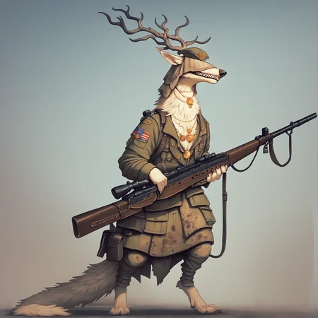 1girl, <lora:Vicar Amelia (Bloodborne)_epoch_7:1>anthro bbvicamelia,white fur, fluffy fur, sharp teeth, claws, paws, digitigrade, golden pendant necklace, standing straight, military uniform, military hat, three-quarter portrait, <lora:Pony_DetailV1.0:1> holding a rifle, <lora:Rapscallion_style_PDXL:1> Rapscallionstyle, detailed, masterpiece,score_9, score_8_up, score_7_up, score_6_up, best quality