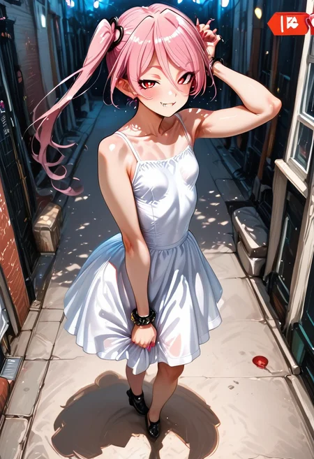<lora:(felicia_taimanin)>, vampire fangs, long nails, flat chest, red eyes, pink hair,
<outfit_set:(outfit_set_white_dress)>,
<hair_style:(huge_side_ponytail)>,
<score_9, score_8_up, score_7_up, score_6_up, masterpiece, best quality, newest, amazing quality, highres, intricate details, ultra-detailed, ai_generated, streets, photo backkground>, 
<cute pose, smug, mesugaki, looking at viewer, in front of viewer, ojou-sama pose, standing, bent over, blush>