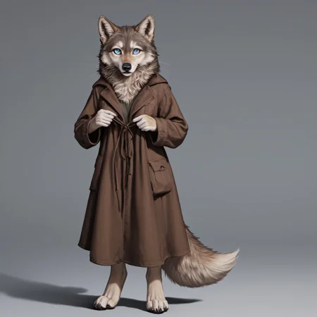 score_9, score_8_up, score_7_up, source_furry, detailed face, detailed eyes, incredible detail BREAK 1girl, solo, anthro, wide shot (furry female, wolf, light brown fur, monotone fur, light blue eyes,slightly wide hips, small breasts), black nose, whiskers, holding bow, wearing a hunter clothes, shy posee, ear flop, solo, looking at viewer, drop shadow, full body