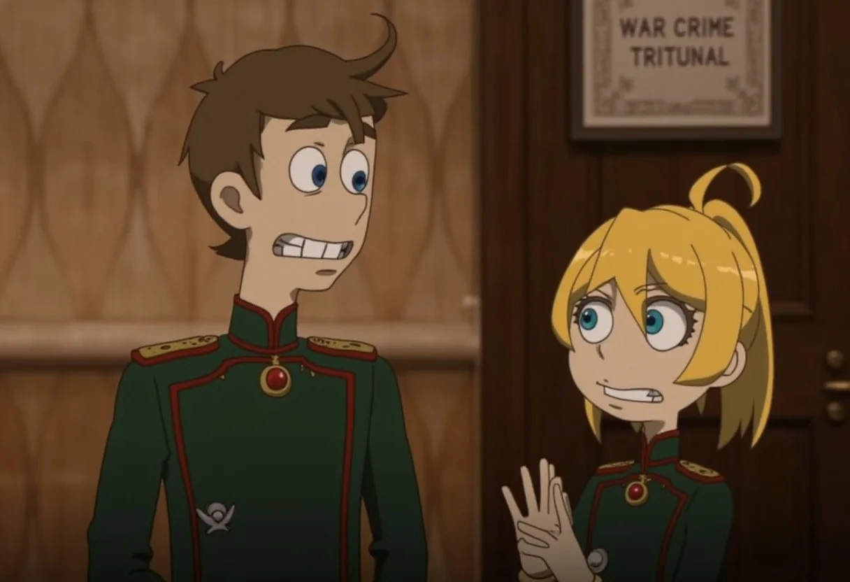 score_9,rating_safe,(claymation),claymation animation of a smiling and innocent looking TanyaDegurechaff with blonde hair and blue eyes and a tunic and military hat being tried for war crimes in a court,big sign with the words "War Crime Tribunal" on the wall