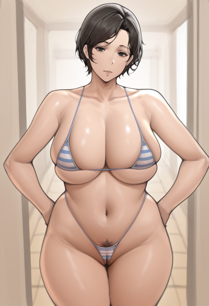 masterpiece, best quality,
1girl, solo,
standing, hands on own hips, looking at viewer, black hair, short hair, black eyes, mature female, large breasts, wide hips, female pubic hair, cameltoe, skindentation, bikini, micro bikini, striped bikini,
 <lora:Boingoo_Style:1> B01ng00,