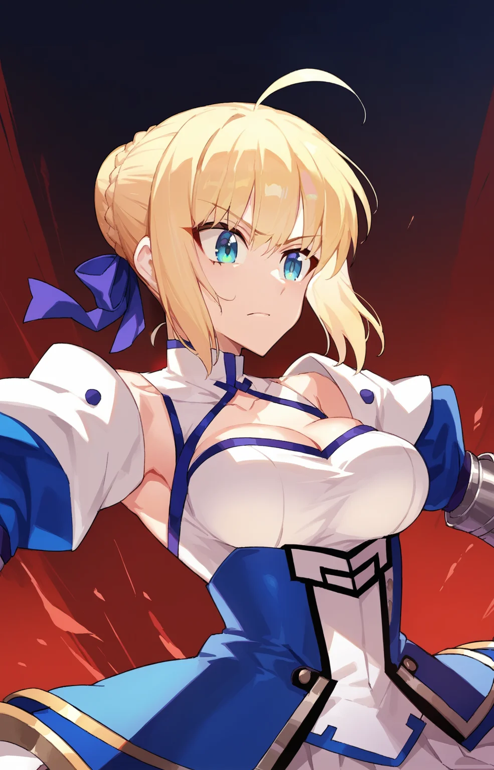 score_9, score_8_up, score_7_up,source_anime,rating_safe,highly detailed,1girl(armor,saber, fate_(series),(adult),big breasts),centered,out of focus,in frame,<lora:ShoujiPonyXLV2:1>,