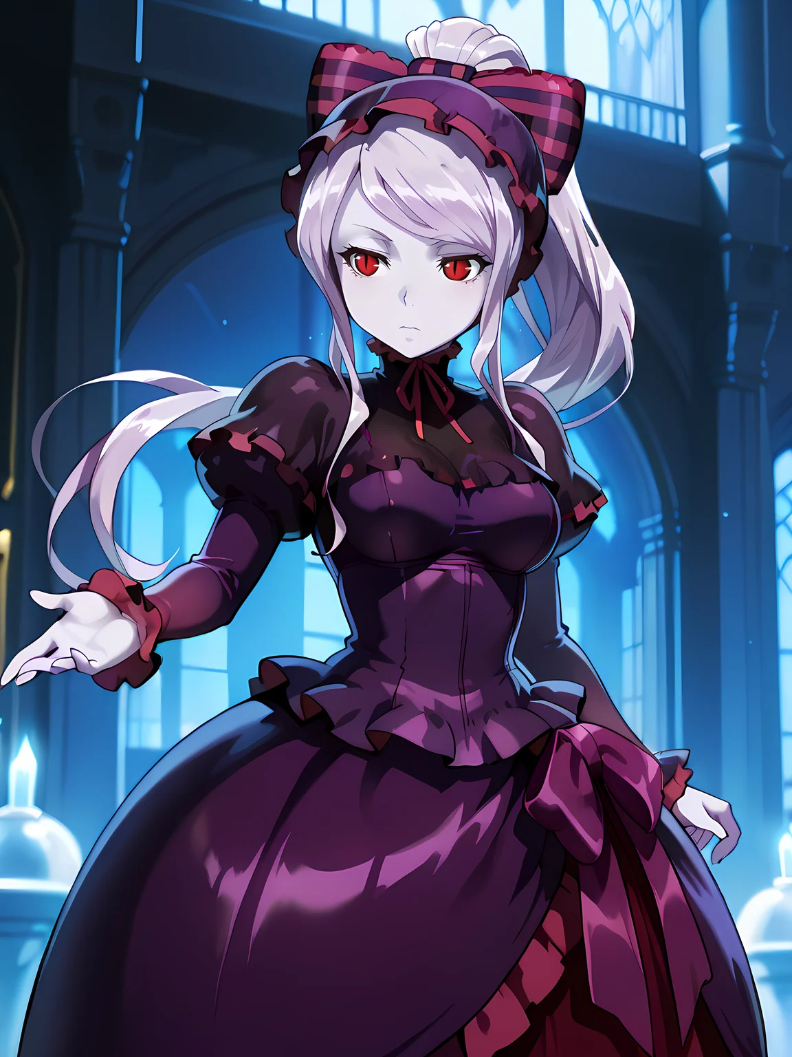 (masterpiece:1.2), best quality, high quality,  cinematic shadow, character focus,perfect hands,medium breasts, cowboy shot,  <lora:Detailer_NoobAI_Incrs_v1:1> detailed, <lora:shalltear:1>,shalltear, bangs,red eyes, slit pupils, long silver hair,ponytail,colored skin, pale skin, monster girl,vampire,shallteardress,pink striped purple hair bow,striped hair bow, bonnet,frills,frilled puffy sleeves,purple dress,goth fashion,neck ribbon,dynamic pose,