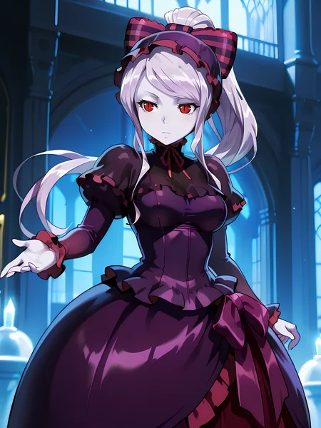 (masterpiece:1.2), best quality, high quality, cinematic shadow, character focus,perfect hands,medium breasts, cowboy shot, <lora:Detailer_NoobAI_Incrs_v1:1> detailed, <lora:shalltear:1>,shalltear, bangs,red eyes, slit pupils, long silver hair,ponytail,colored skin, pale skin, monster girl,vampire,shallteardress,pink striped purple hair bow,striped hair bow, bonnet,frills,frilled puffy sleeves,purple dress,goth fashion,neck ribbon,dynamic pose,