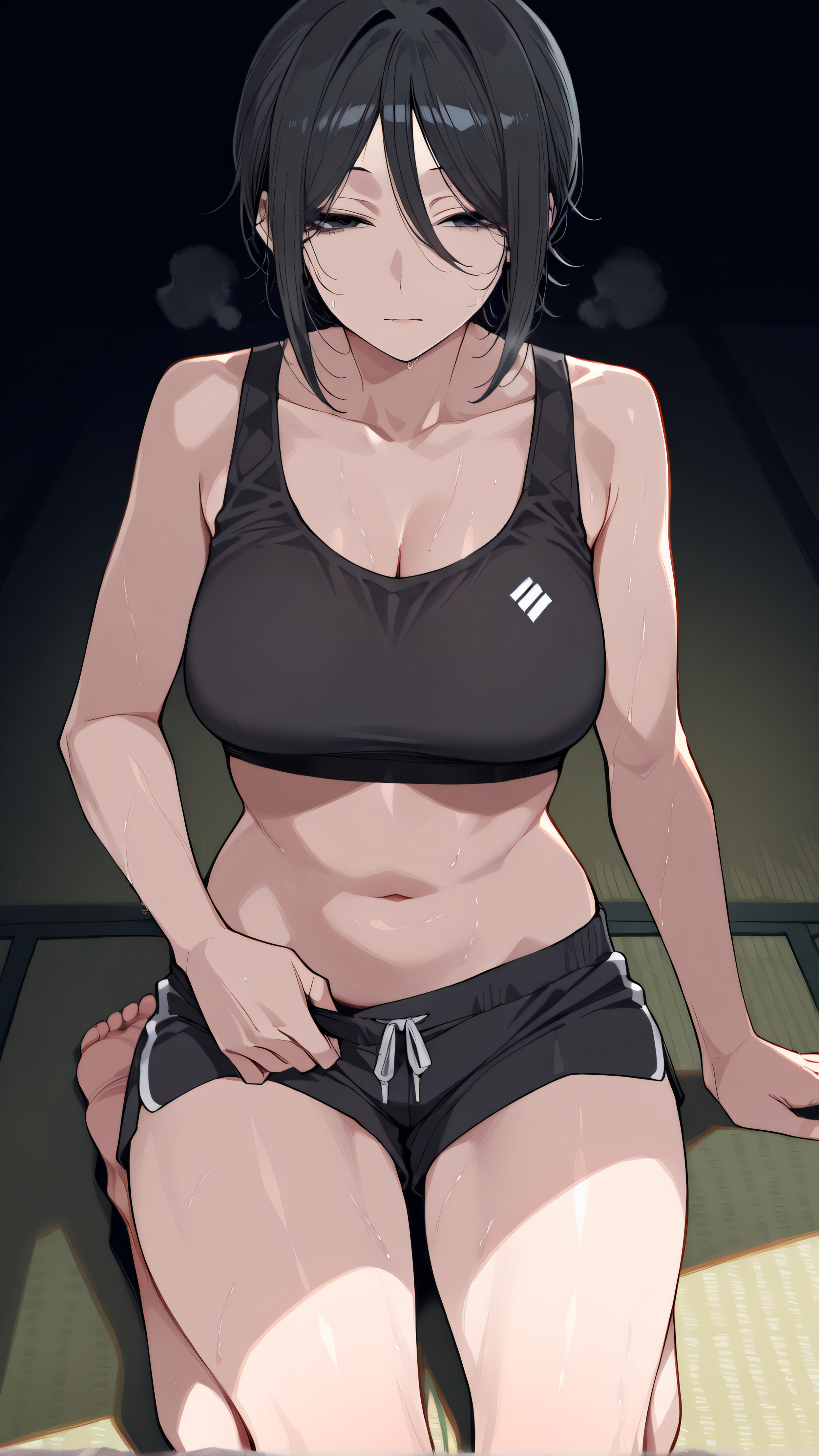 1girl, solo,beautiful detailed eyes, single hair bun, hair bun, short hair,  hair between eyes,black hair,black eyes, looking at viewer,,(medium breasts),





fullbody shot, sole, alone, single character, sole character, no other characters, Low contrast, low brightness, ponytail.sports bra, running shorts, visible panty, sweating, stripping, pulling down shorts, tatami mat, 


















masterpiece,best quality,amazing quality,highres, 



