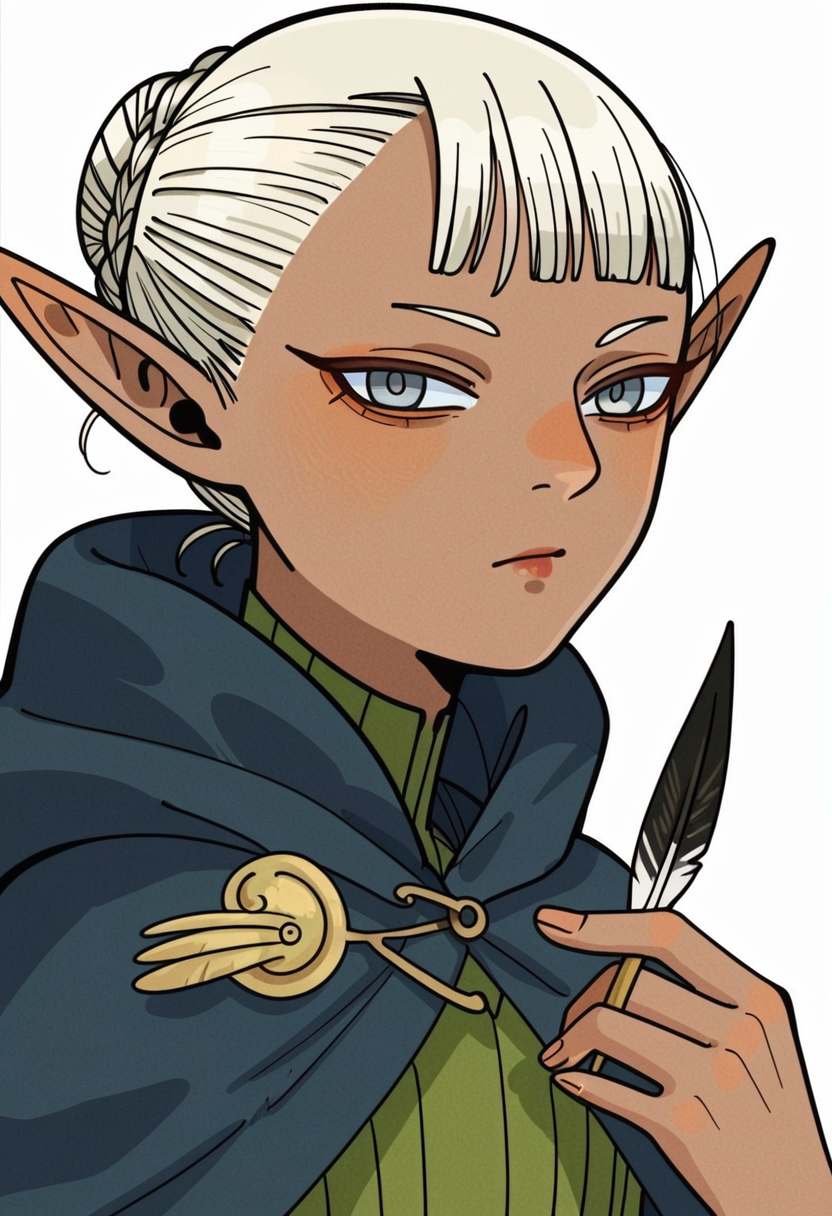 score_9_up score_8_up score_7_up, elf, portrait, solo, dark skin, 1girl, braid, white background, looking at viewer, dark-skinned female, simple background, dark elf, holding, white hair, bangs, feathers, quill, single hair bun, upper body, hair bun, closed mouth, cloak, grey eyes, short hair
<lora:dungeon_meshi_races_pony7_d16:1>