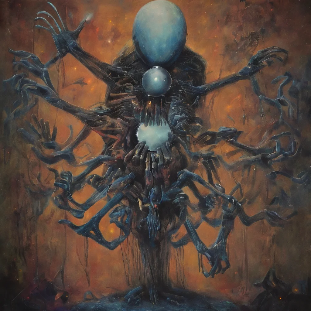 <lora:b3ks1n:1>b3ks1n str1n abstract creature holding a mirror dangling from a string with many arms and hands
