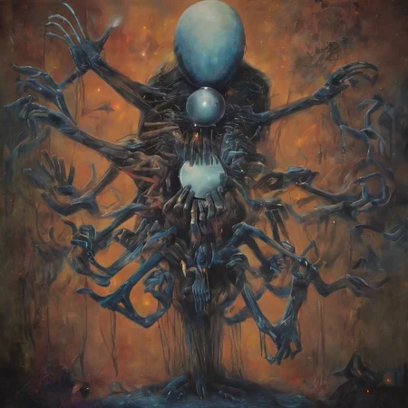 <lora:b3ks1n:1>b3ks1n str1n abstract creature holding a mirror dangling from a string with many arms and hands