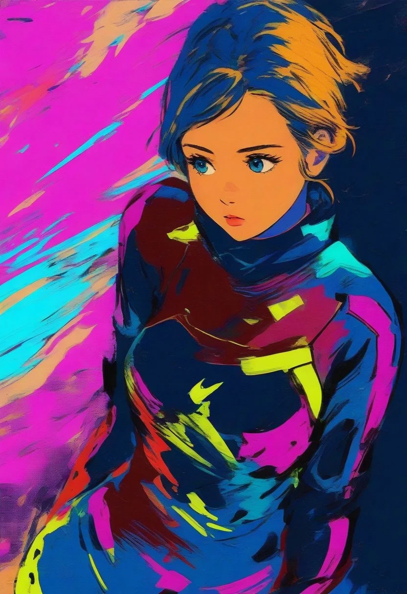 girl, upper body, comic book art, rough colored sketch, contrast, gradation, expressive, beautiful abstract background, bodysuit, Cyberpunk art, daynamic line, girl, looking away, from above,