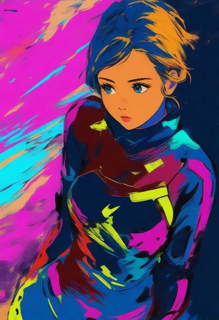 girl, upper body, comic book art, rough colored sketch, contrast, gradation, expressive, beautiful abstract background, bodysuit, Cyberpunk art, daynamic line, girl, looking away, from above,