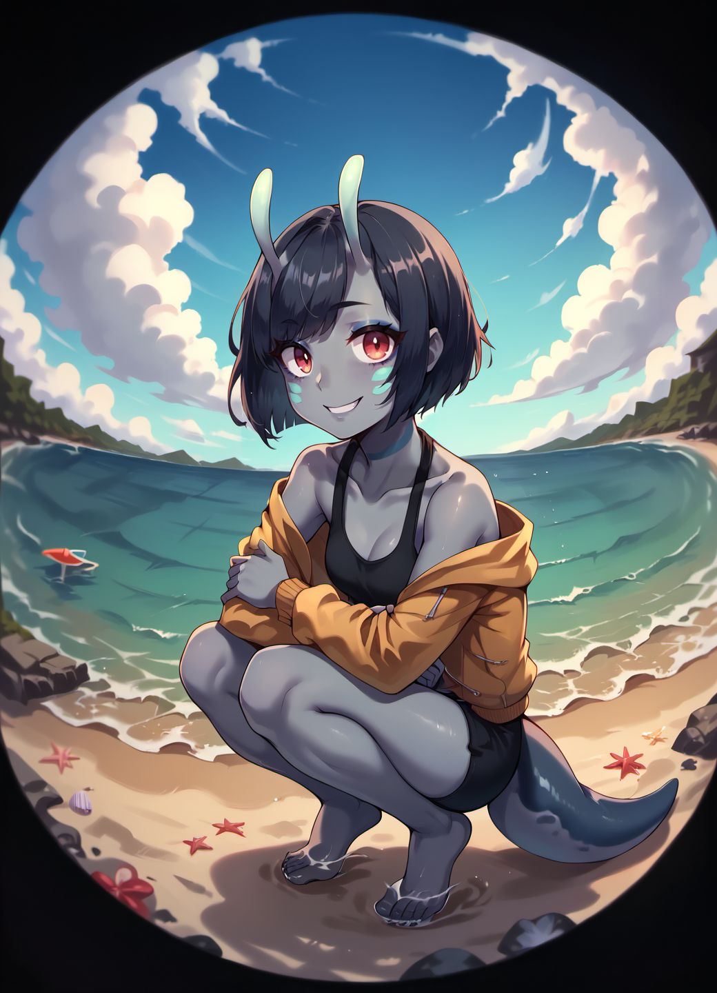 score_9, score_8_up, score_7_up, score_6_up,
moyo, antennae, facial mark, grey skin, 1girl, solo, looking at viewer, smile, short hair, bangs, long sleeves, jacket, outdoors, horns, sky, barefoot, cloud, water, off shoulder, makeup, ocean, beach, squatting, bob cut, eyeliner, tail,
<lora:moyo_race_v1:0.9>,
<lora:Fisheye_Style:0.9> fisheye, black border