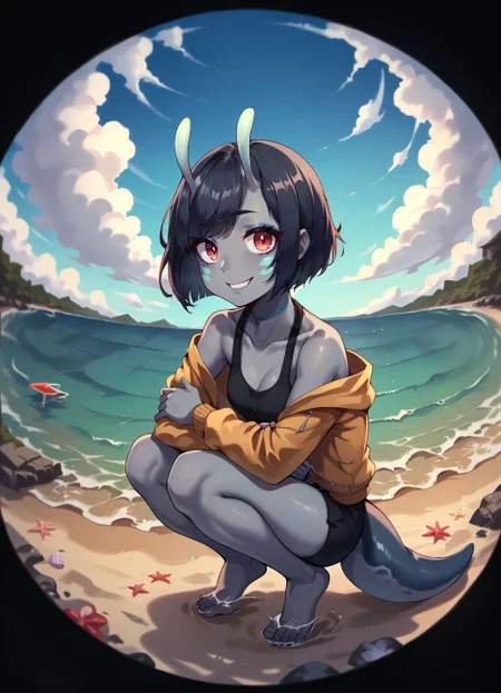 score_9, score_8_up, score_7_up, score_6_up,
moyo, antennae, facial mark, grey skin, 1girl, solo, looking at viewer, smile, short hair, bangs, long sleeves, jacket, outdoors, horns, sky, barefoot, cloud, water, off shoulder, makeup, ocean, beach, squatting, bob cut, eyeliner, tail,
<lora:moyo_race_v1:0.9>,
<lora:Fisheye_Style:0.9> fisheye, black border