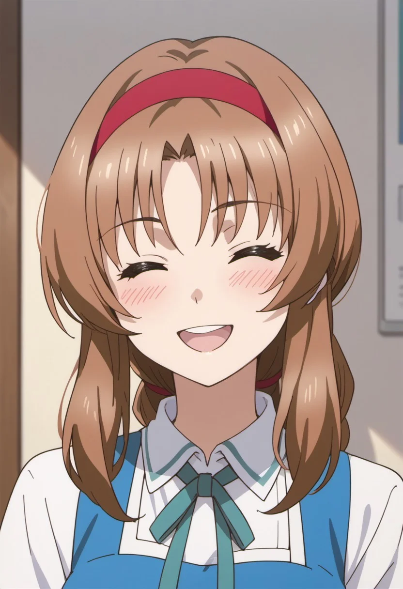 score_9, score_8_up, score_7_up, source_anime, takao, brown hair, long hair, hairband, 1girl, closed eyes, solo, blush, smile, open mouth, facing viewer, ribbon, shirt, :d