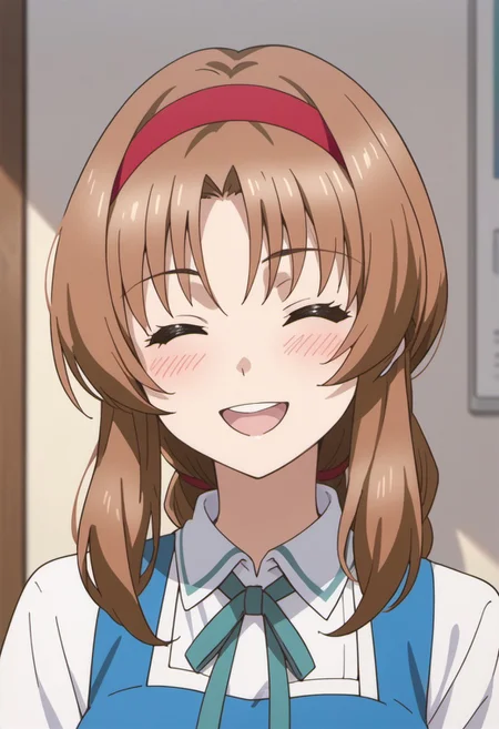 score_9, score_8_up, score_7_up, source_anime, takao, brown hair, long hair, hairband, 1girl, closed eyes, solo, blush, smile, open mouth, facing viewer, ribbon, shirt, :d