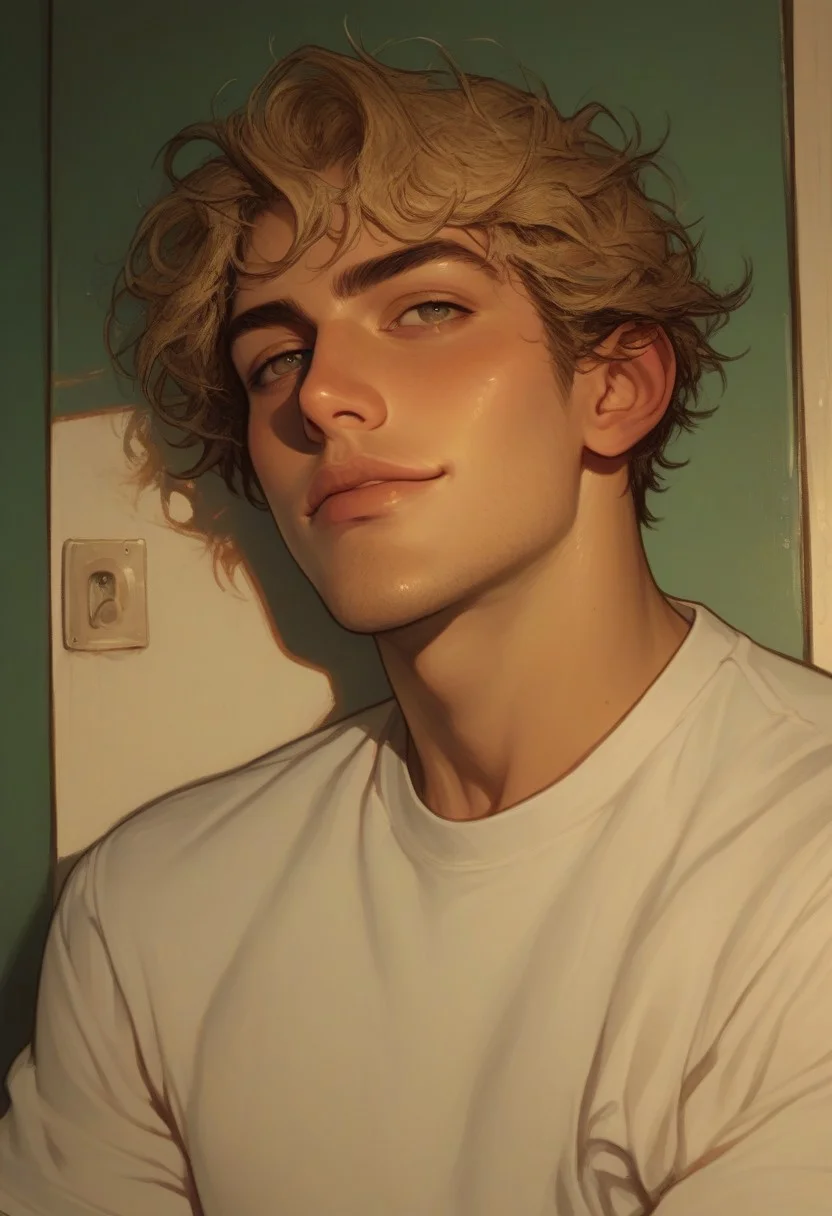 score_9, score_8_up, score_7_up, 1boy, man, adult, tan skin, olive skin, blonde hair, hazel eyes, short hair, messy hair, solo, face focus, PRSNL4 Style, very aesthetic, digital drawing, soft light, detailed background, college campus, day, college, university, looking to the side, handsome, t-shirt, athletic build, stubble, light body hair, jock, confident smile, smirk, sinfully stylish, dramatic lighting, long shadows, Semi-realism, morimee_style