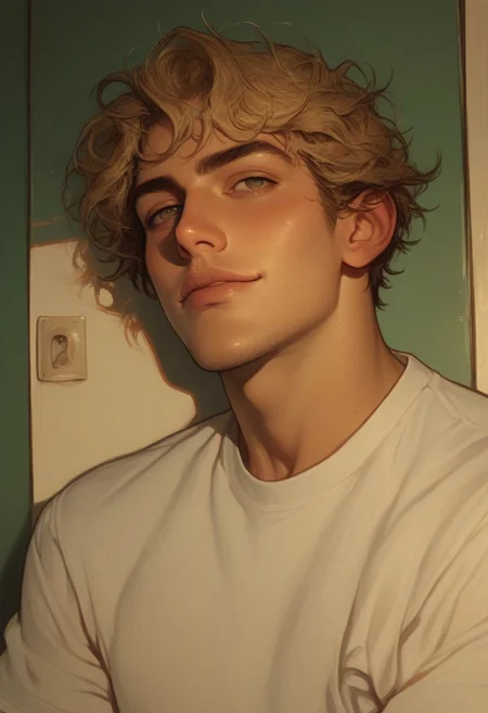 score_9, score_8_up, score_7_up, 1boy, man, adult, tan skin, olive skin, blonde hair, hazel eyes, short hair, messy hair, solo, face focus, PRSNL4 Style, very aesthetic, digital drawing, soft light, detailed background, college campus, day, college, university, looking to the side, handsome, t-shirt, athletic build, stubble, light body hair, jock, confident smile, smirk, sinfully stylish, dramatic lighting, long shadows, Semi-realism, morimee_style