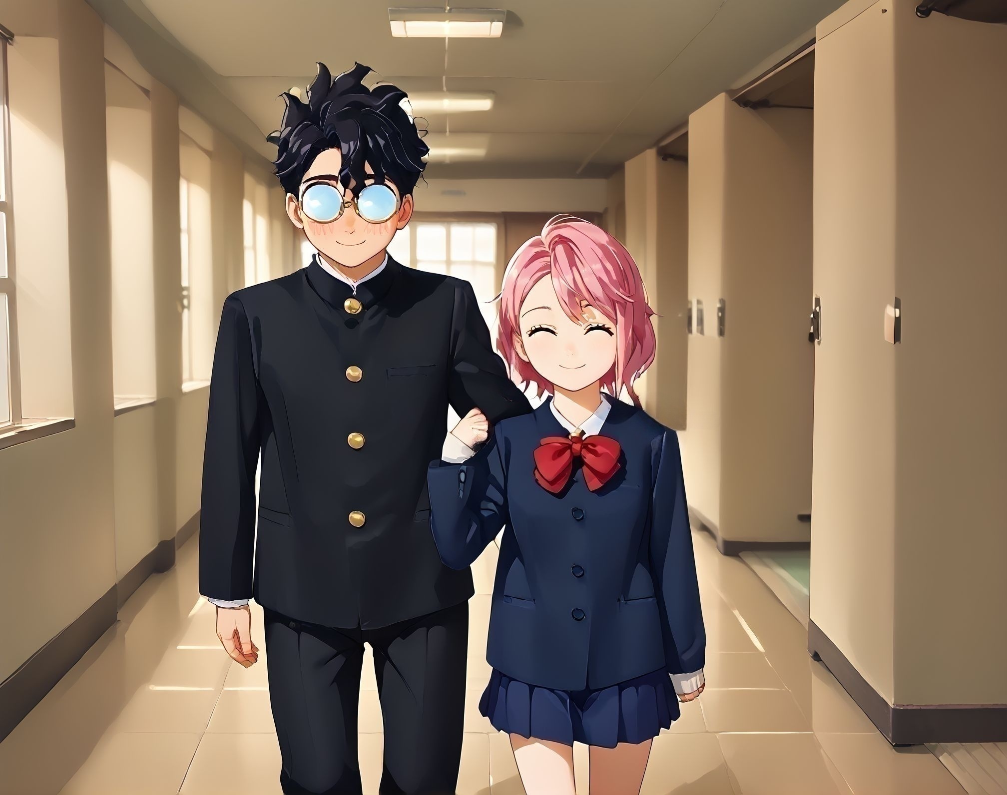 score_9,score_8_up,score_7_up,masterpiece, best quality, <lora:WHM 0.2v:0.5>, WHM, 2D,anime,  
1boy, hetero,   1girl, standing,   female touching boy shoulders,facing another, smile, (female grab male clothes),walking, 
getabako, scenery,  locker, school, indoors,window,sunlight, <lora:gakkou_getabako_PONY_V1:0.5> 
school genkan, door,open door, 
BREAK
1boy, hetero,   1girl, standing,   female touching boy shoulders,facing another, smile, (female grab male clothes),walking, 
hand on head, full-face blush, happy, 
embarrassed, 
opaque glasses, <lora:Opaque_glasses_r1:1.5>
  <lora:okarun_pony:0.8> 1boy, okarun, black hair, curly hair, (glasses), short hair, shoes, long sleeves, 
 gold buttons, black gakuran,  <lora:Classic_gakuran:0.7>
(black gakuran, black pants:1.4),  
<lora:blush:1>
BREAK
1boy, hetero,   1girl, standing,   female touching boy shoulders,facing another, smile, (female grab male clothes),walking, 
facing another, closed eyes,  light smile, happy,
 <lora:shiratori_aira_pony:0.8>, shiratori aira dandadan, short hair, pink hair, brown eyes, school uniform, red bow, skirt, sleeves past wrists, 1girl, standing,  looking at the viewer,