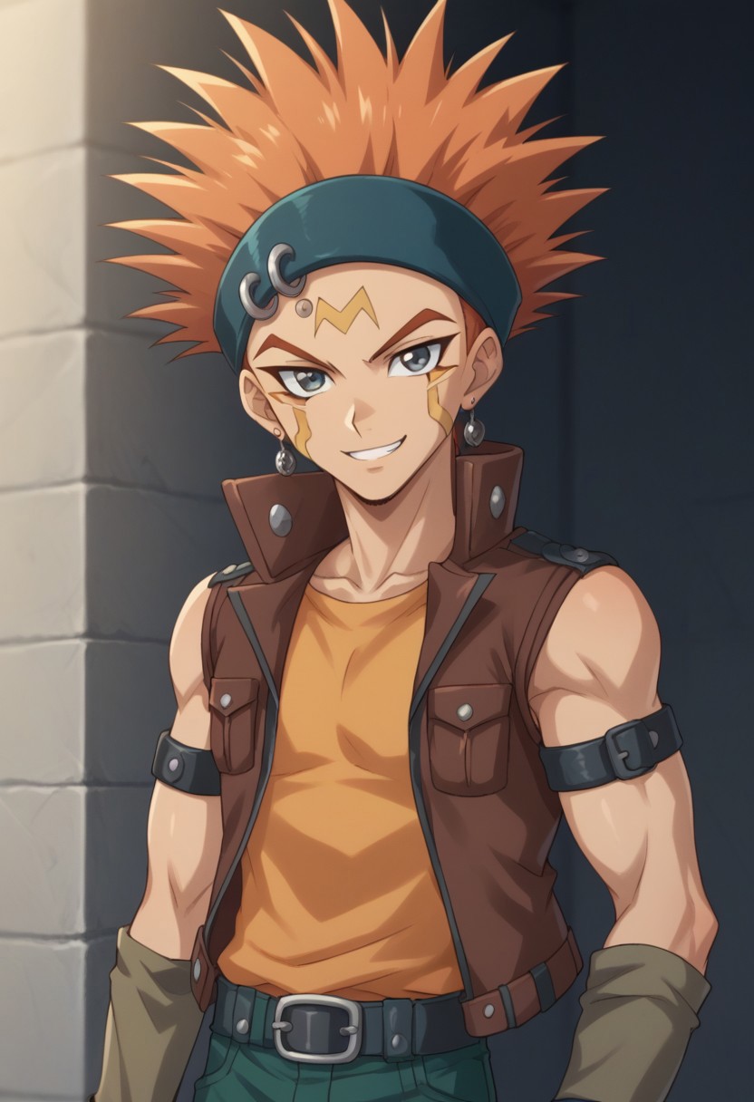 score_9, score_8_up, score_7_up, source_anime, highly detailed, 
crow_5ds, 1boy, male focus, spiked hair, solo, gloves, fingerless gloves, orange hair, belt, facial mark, smile, headband, earrings, vest, shirt, orange shirt, sleeveless, green pants, looking at viewer,
outdoor,
