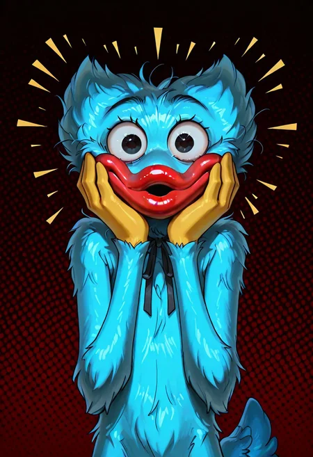 (huggy_wuggy:1.1), long limbs, blue body,
masterpiece, absurdres, amazing quality, ultra-detailed, no humans, solo, black eyes, dilated pupils, wide eyed,
kaogei, parted lips, :o, shiny eyes, extra fluffy, fluffy body fur, (no ears:1.15), messy hair, thick fur, neck ribbon, skinny, lanky, yellow hands, red lips, o mouth,
looking at viewer, upper body, hand on own cheek, hands on cheeks, emanata, abstract background, patterned background, perfect lighting, deer tail, blue tail,
score_9, score_8_up, score_7_up, birdo mouth