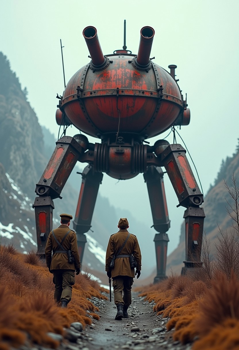 Detailed, masterpiece, professional, rear view of  soviet soldiers wearing old traditional soviet brown suit, walking on a trail in mountains, during winter, snow patches, at a distance stands an old rusty broken giant mechanical industrial steampunk quadrupedal war machine with tank canons, steam boiler, wires hanging and red paint, bulky body, dystopian during the cold war, inspired by Jakub Rozalski