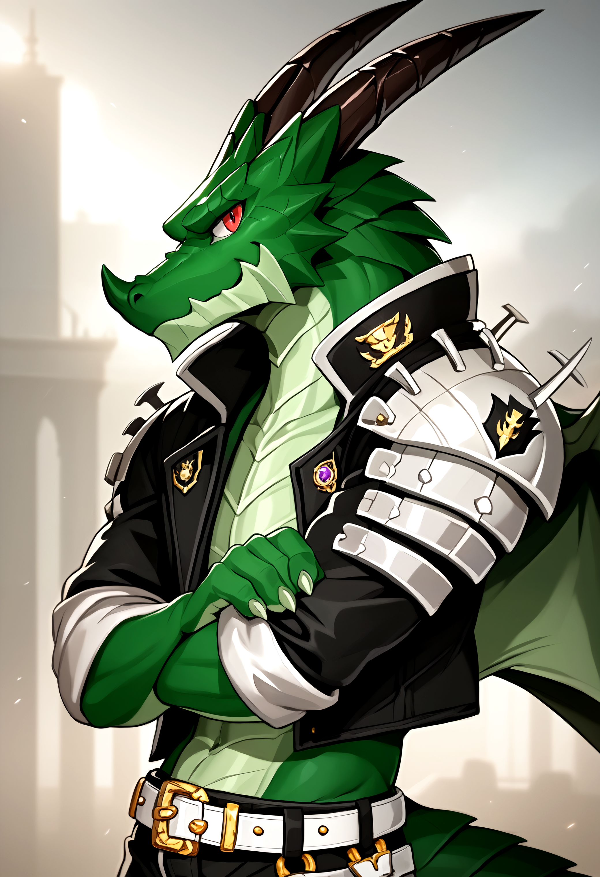 score_9, score_8_up, score_7_up, 8k, detailed design, detailed background, detailed characters, masterpiece, anthro only, furry only, solo, looking forward,  <lora:Ragon-000003>, Ragon, muscular male, dragon, horns, tail, armor,  belt, wings, green skin, shoulder pad, gold ring, open jacket, leg armor, black pants, red eyes, serious, smile, facing viewer,  fists, close up, upper body,  battle ground, training grounds,