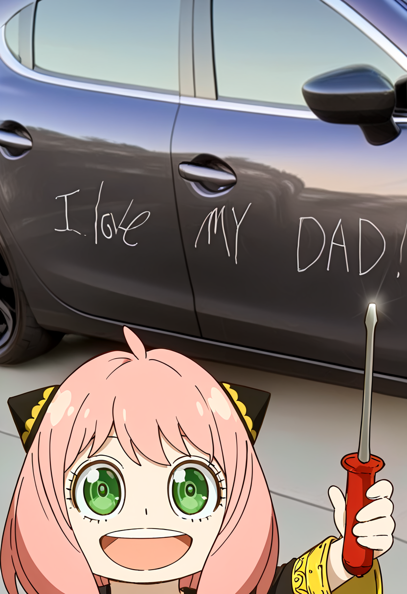 (masterpiece, high quality, amazing detail), i_love_my_dad, meme, holding screwdriver, screwdriver, 1girl, anya \(spy x family\), open mouth, smile, looking at viewer, car, photo background, <lora:I_love_my_dad_meme-000010:1>