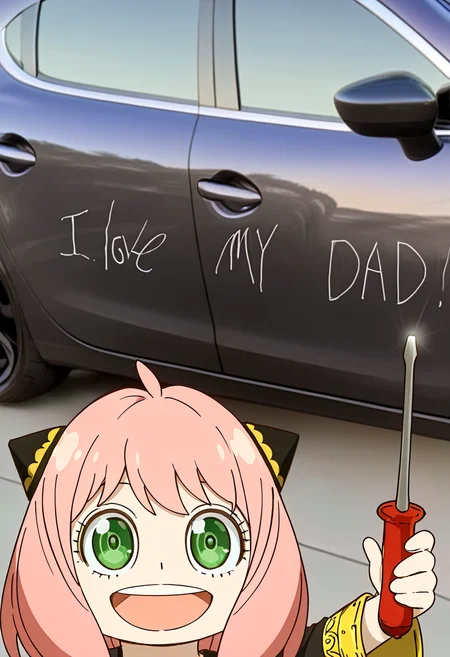 (masterpiece, high quality, amazing detail), i_love_my_dad, meme, holding screwdriver, screwdriver, 1girl, anya \(spy x family\), open mouth, smile, looking at viewer, car, photo background, <lora:I_love_my_dad_meme-000010:1>
