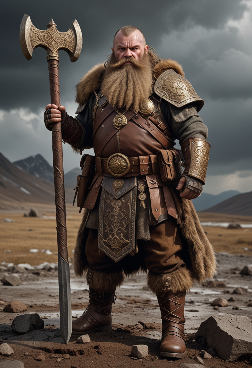 (medium full shot) of (sturdy mountain dwarf) wearing a brown ceremonial armor, fur-lined boots, Full hazel beard, gold amulet, wielding a large war hammer, set in  a deserted battlefield, with abandoned weapons, bloodstained ground, eerie silence , during a storm, Masterpiece,best quality, photo, realistic, very aesthetic, detailed face,