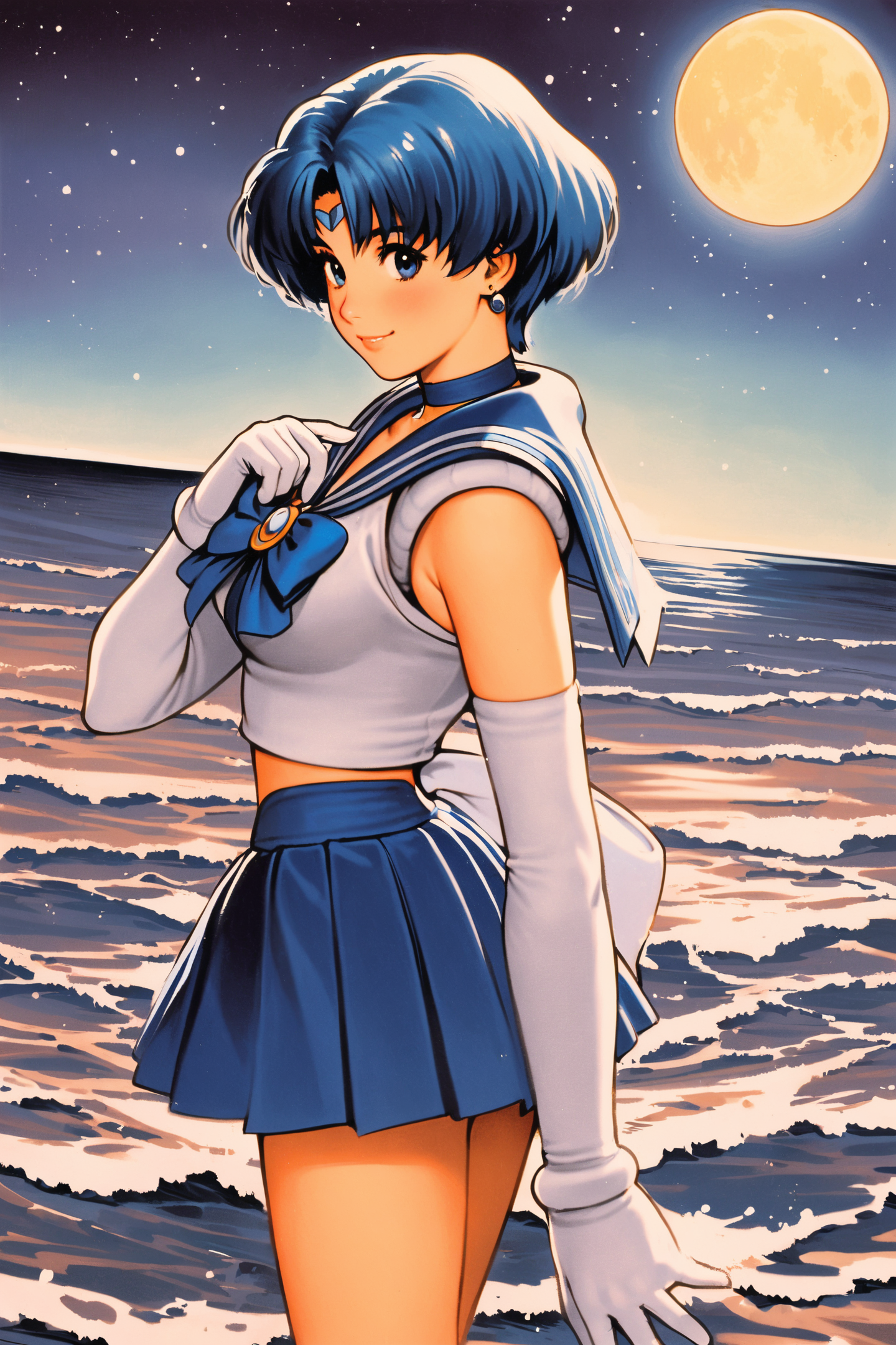 1girl,solo,sailor senshi uniform,gloves,magical girl,blue eyes,skirt,choker,bow,short hair,tiara,blue hair,jewelry,elbow gloves,sailor collar,white gloves,sailor mercury,earrings,blue skirt,smile,blue sailor collar,full moon,blue choker,mizuno ami,brooch,hand on own chest,pleated skirt,circlet,water,sky,looking at viewer,traditional media,
<lora:shinkiro_XL_v2:0.8>,