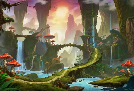 masterpiece, best quality, ultra detailed, professional light, cinematic lighting, ambient lighting, atmospheric effects, photorealistic, epic landscape, high fantasy, waterfall, mountains, cliff, one bridge, (Kintsugi style path), clouds, high trees, giant trees, weird trees, colorful mushrooms, (jungle).
Terrain should be split in left and right, where the right side is lava land landscape.