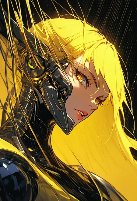score_9, score_8_up, score_7_up, inksketch, n30nfilm, [[Silhouette Art]], Abstract ,surreal vivid,simple painted, newage (cyborg) spacegirl with long vibrant hair, high collar, seductive, yellow-black ,Light fountain in Outer space, made of lines, vertical lines, horizontal lines, Portrait Made of intertwining lines, weaving over and under each other throughout the frame, emphasis effect, moire effect, awash in yellow and lime shades, seamlessly extends the lines,. Flat style