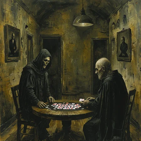 painting of Death and an old man playing cards on a round wooden table in a dark room
 <lora:tbh163-sdxl:1> style of Mike Worrall
