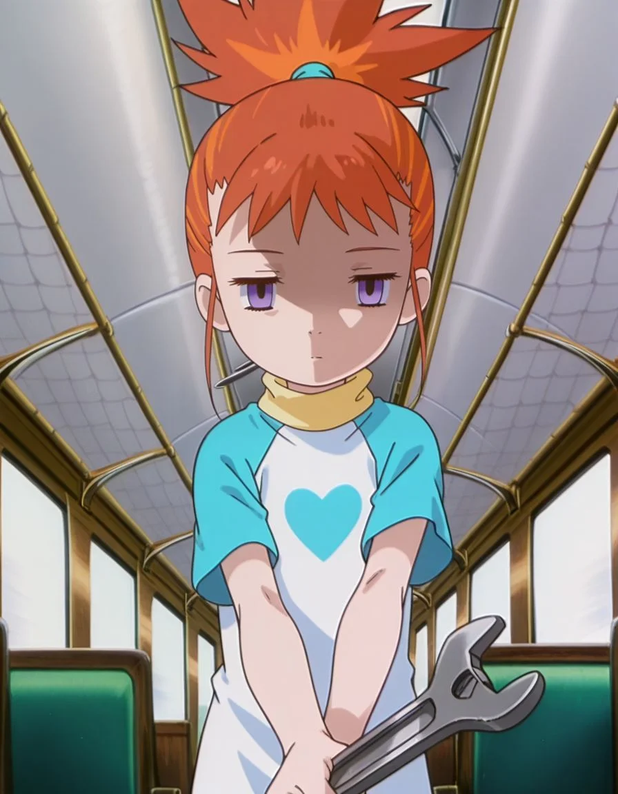 masterpiece, best quality, incoming attack, holding a single long wrench, solo, inside a train background,
, skinny, shaded face, empty eyes, expressionless,
<lora:Mind_Controlled_Rika:1>, rik0, 1girl, orange hair, high ponytail, female child, purple eyes, white heart t-shirt, blue t-shirt, yellow turtleneck,