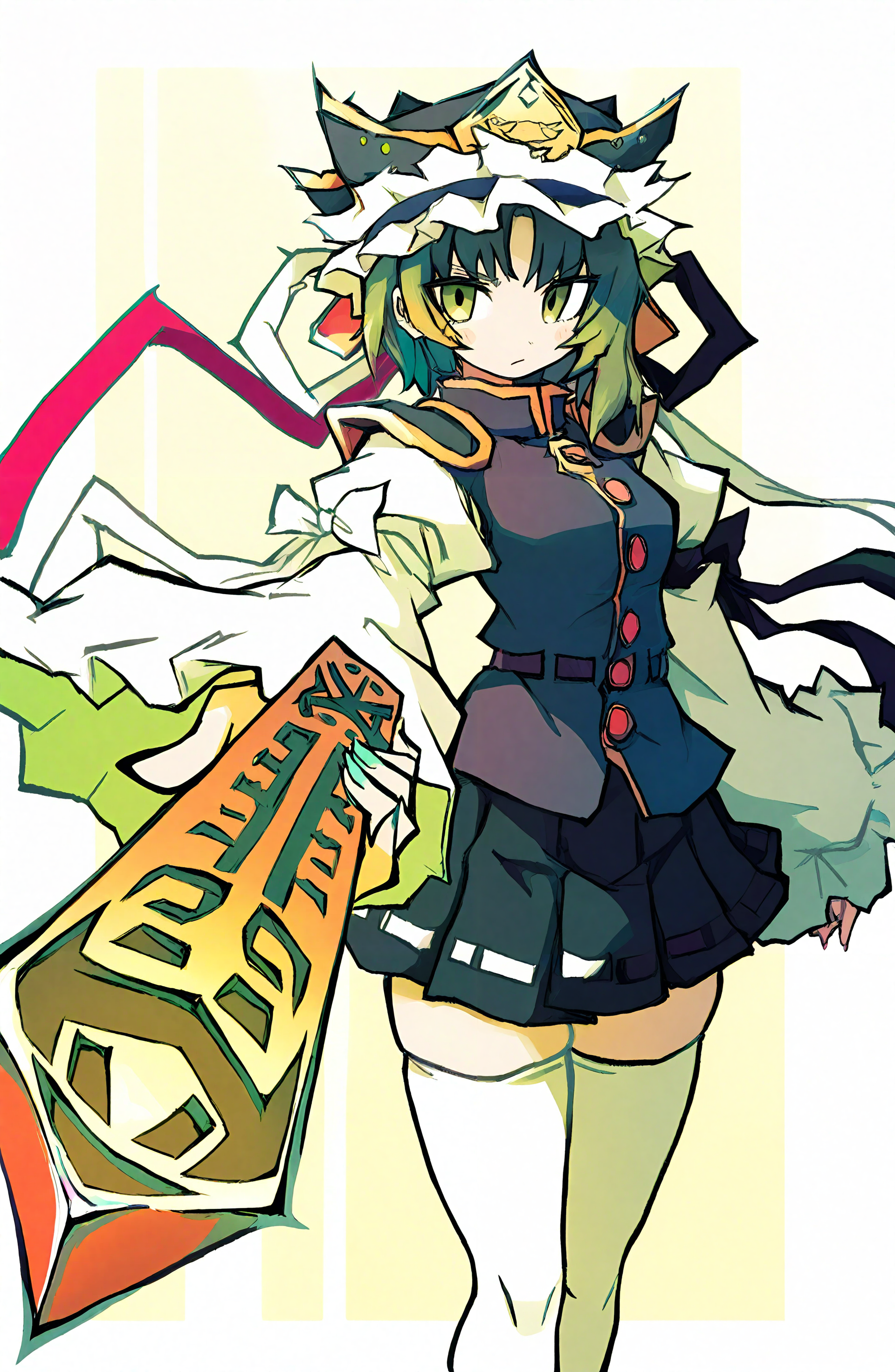 shiki_eiki, 1girl, solo, looking_at_viewer, short_hair, skirt, long_sleeves, thighhighs, hat, ribbon, green_eyes, green_hair, black_skirt, white_thighhighs, vest, zettai_ryouiki, rod_of_remorse