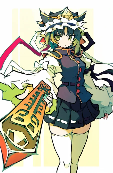 shiki_eiki, 1girl, solo, looking_at_viewer, short_hair, skirt, long_sleeves, thighhighs, hat, ribbon, green_eyes, green_hair, black_skirt, white_thighhighs, vest, zettai_ryouiki, rod_of_remorse